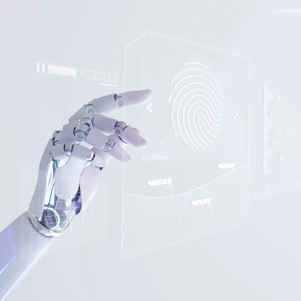 Robotic hand interacting with a digital fingerprint scanner interface, illustrating advanced biometric solutions in Kerala.