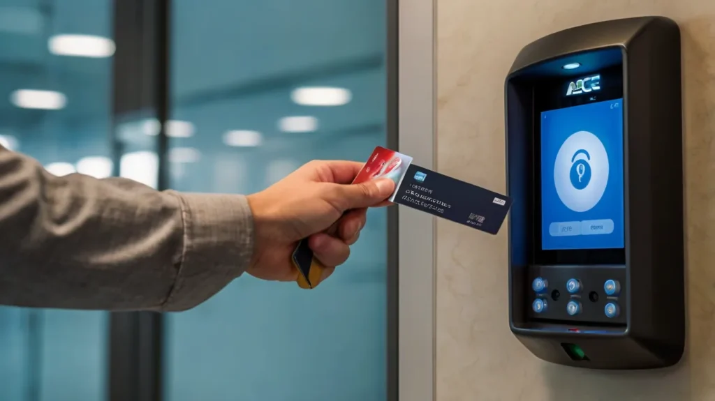 Person using a card for access control with biometric solutions in Kerala, scanning a card at a digital biometric access device.