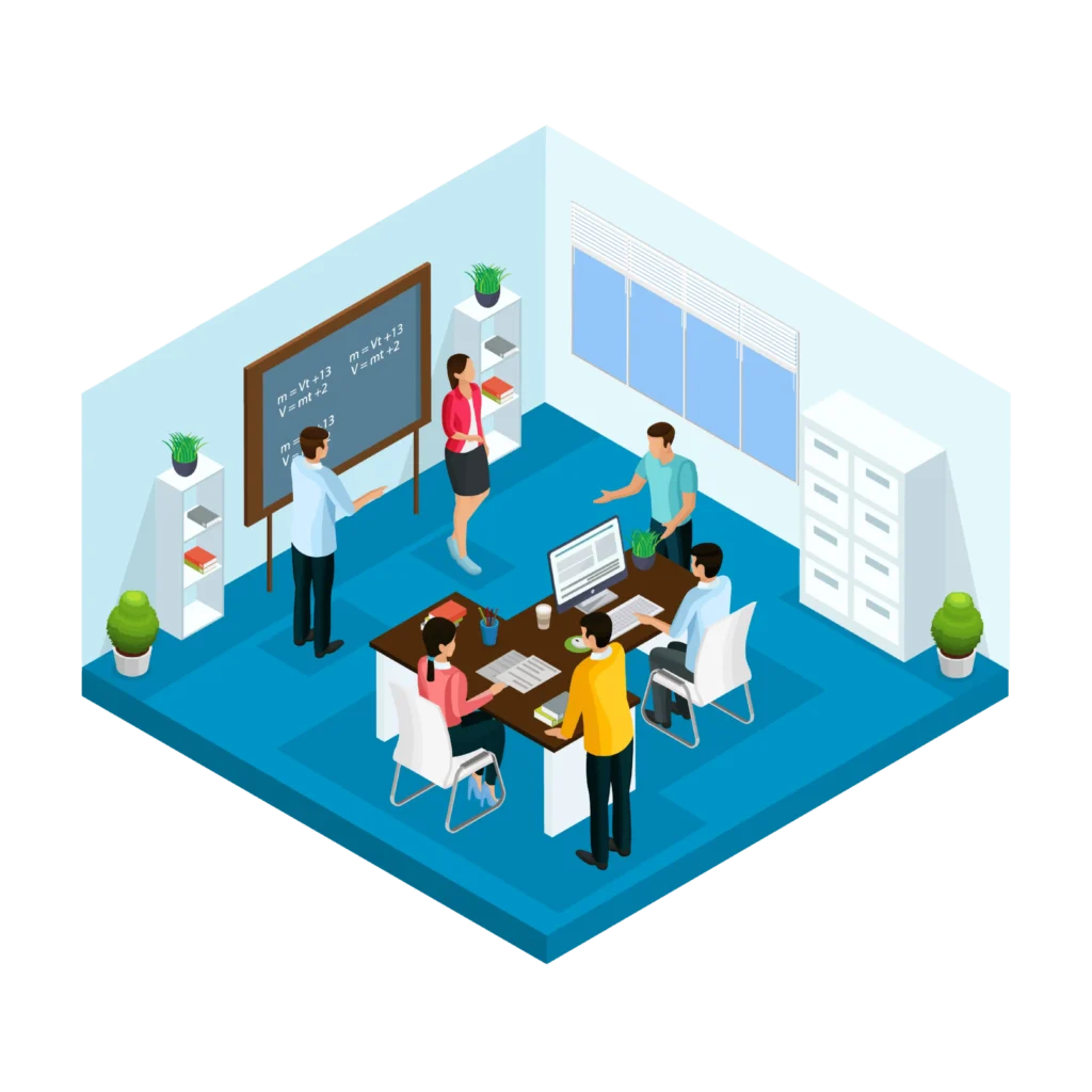 An illustrated classroom featuring modern digital learning tools and collaborative spaces, highlighting Smart Classroom Solutions in Kerala.