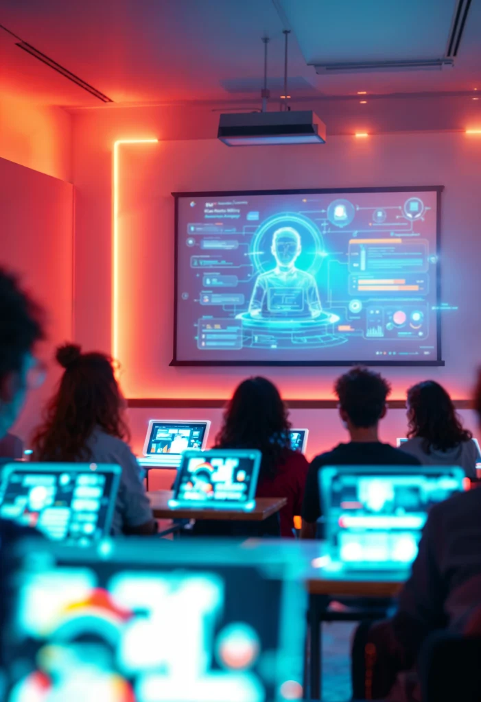 Students attending a high-tech class on artificial intelligence and digital technology, showcasing Smart Classroom Solutions in Kerala.