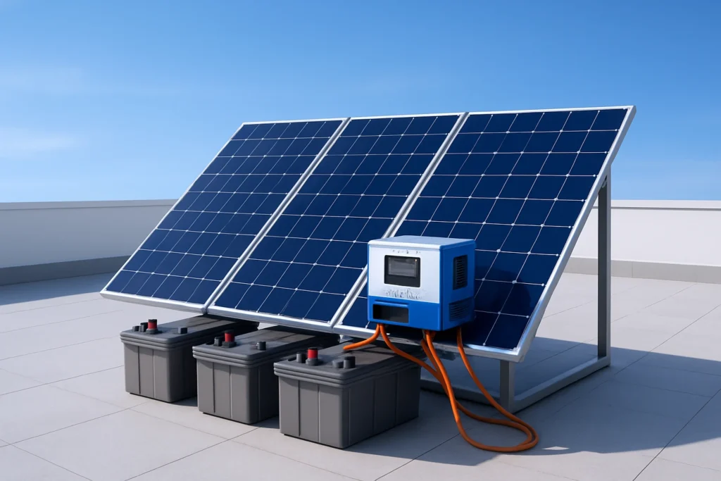Hybrid solar system with battery backup by Hami Technologies – expert solar company in Kerala for energy-efficient power solutions.