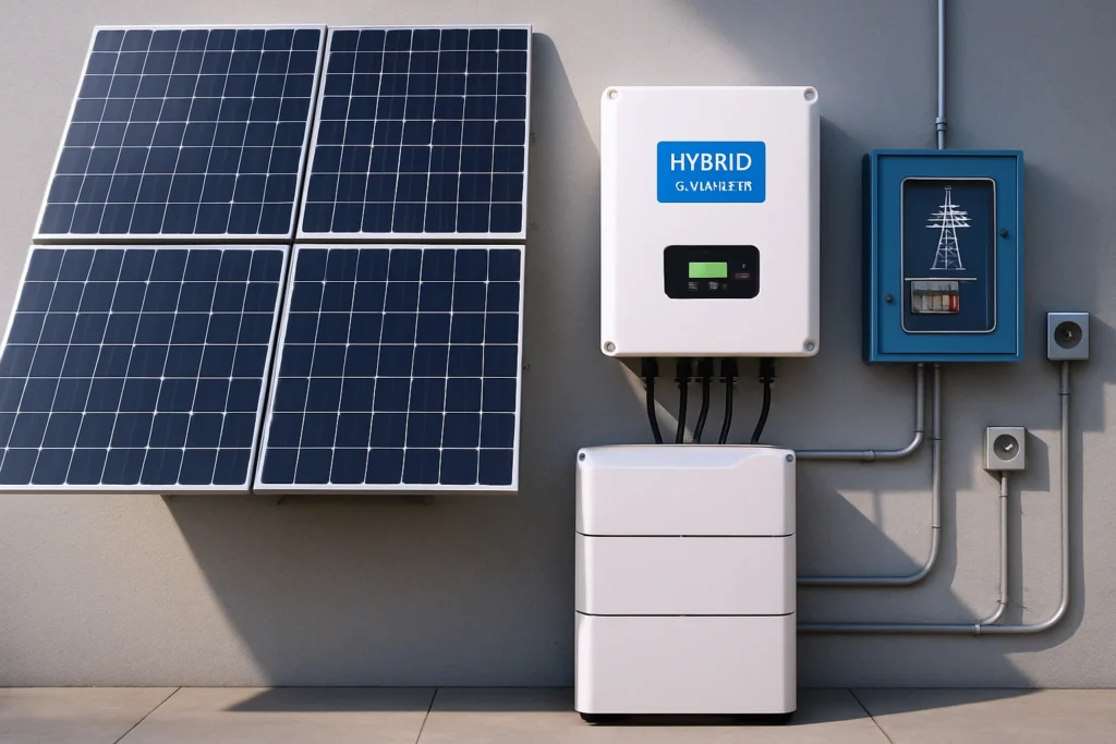 Wall-mounted hybrid solar power setup by Hami Technologies – trusted solar company in Kerala for advanced energy storage and backup solutions.