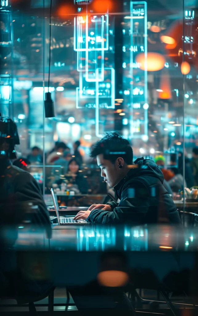 Young man working on a laptop in a modern, vibrant café, illustrating the expertise of the best IT networking company in Kochi.