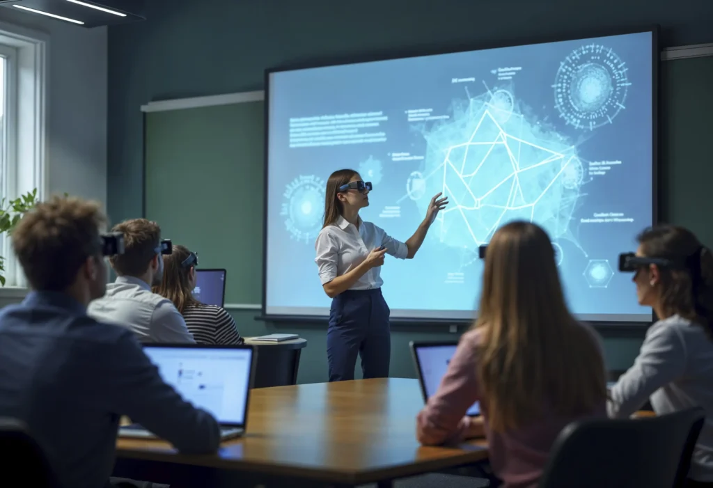 A teacher delivering a high-tech science lesson using a digital interactive board in a smart classroom, showcasing Smart Classroom Solutions in Kerala.