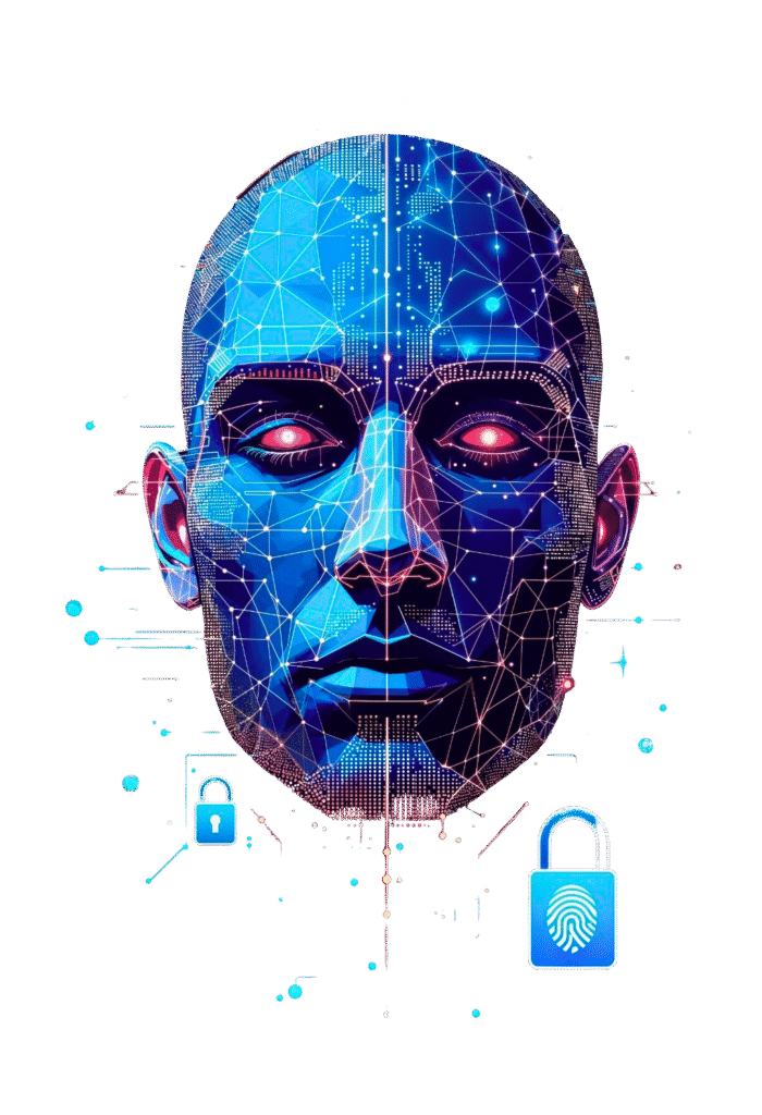 Futuristic digital illustration of a human face with glowing eyes, representing advanced cybersecurity and AI technology.