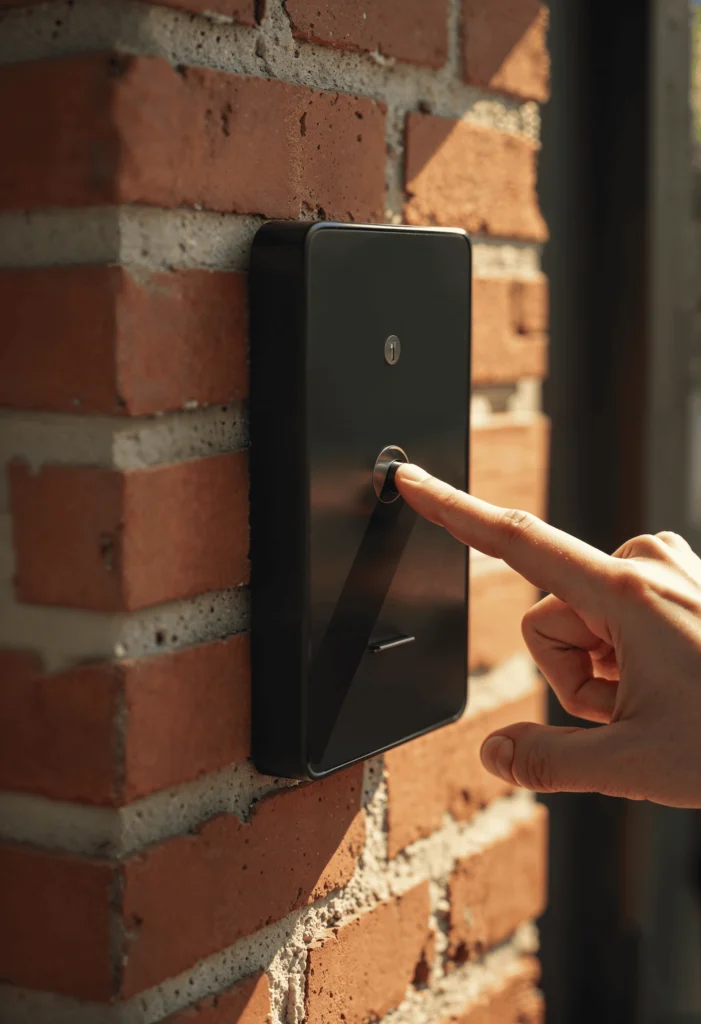 Person pressing button on a modern black intercom panel installed on a brick wall, showcasing intercom solutions in Kerala.